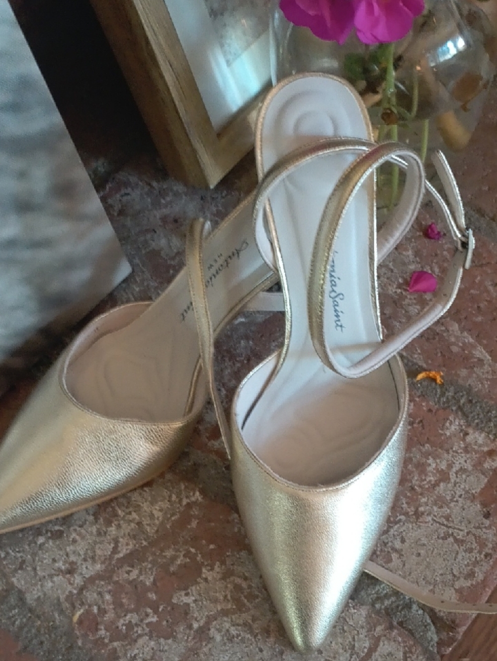Metallic Gold Pointed-Toe Slingback Heels